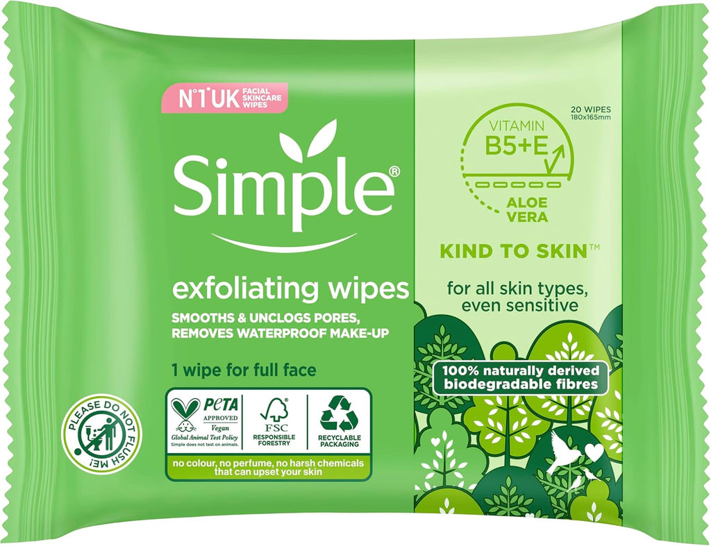 Simple biodegradable Exfoliating Face Wipes for sensitive skin 20 wipes