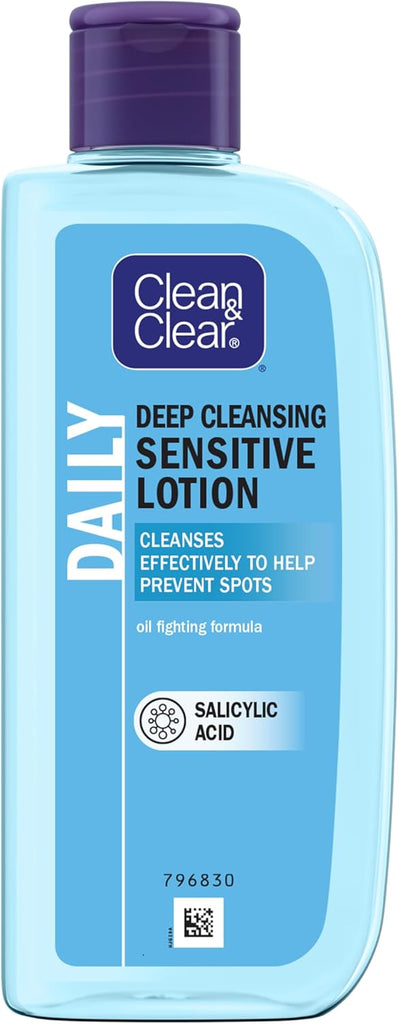 Clean & Clear Deep Cleansing Lotion for Sensitive Skin (1x 200ml), Clean and Clear Facial Cleanser with Salicylic Acid to Deeply Clean, Remove Dirt and Oil, Help Prevent Spots