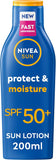 NIVEA SUN Protect & Moisture Sun Lotion SPF 50+ (200 ml), Suncream with Vitamin C and Hyaluron, Provides 48H Moisture and Immediate UVA/UVB Protection, Fast-Absorbing, No White Cast Formula