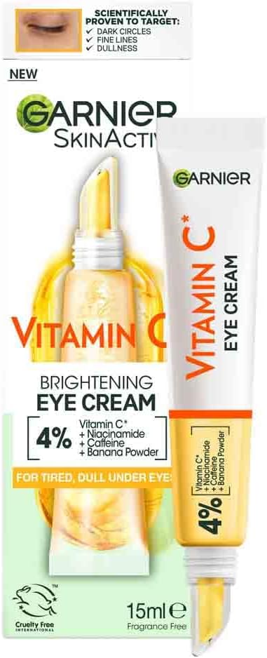 Garnier Vitamin C Eye Cream for Dark Circles, 4% Vitamin C, Niacinamide, Banana Powder, Caffeine, Brightening Eye Treatment For Dark Circles, Under Eye Bags And Puffiness, 15ml