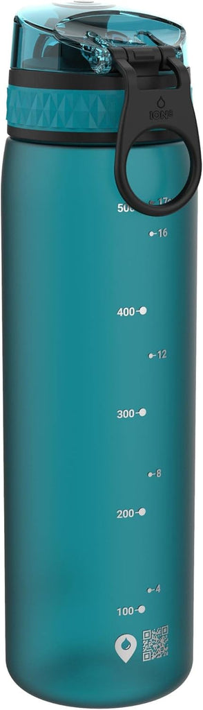 Ion8 Water Bottle, 500 ml/18 oz, Leak Proof, Easy to Open, Secure Lock, Dishwasher Safe, BPA Free, Hygienic Flip Cover, Carry Handle, Fits Cup Holders, Easy Clean, Carbon Neutral, Aqua