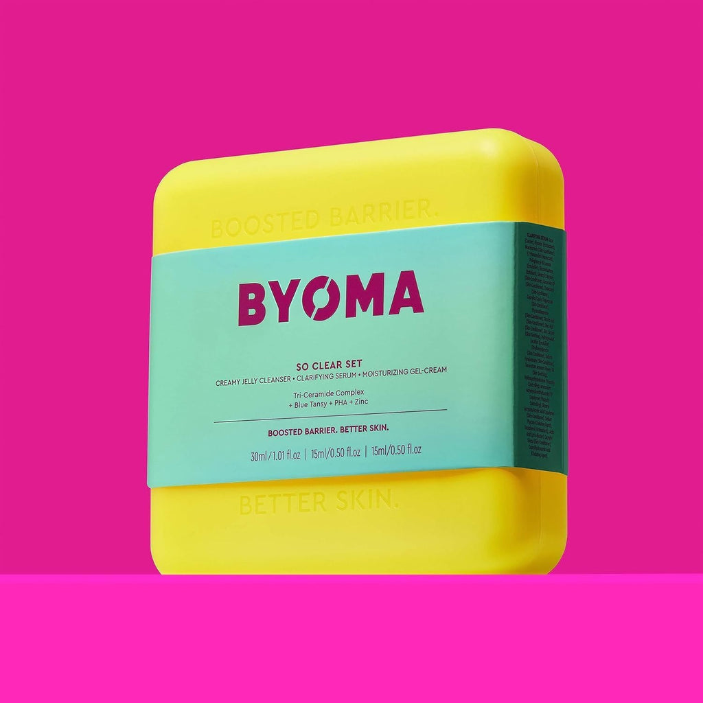 BYOMA So Clear Set - Barrier Repair Skincare Set for Acne Prone Skin (30ml, 15ml, 15ml) Creamy Jelly Cleanser, Clarifying Face Serum and Gel-Cream Moisturiser - Unclogs Pores, Targets Blemishes