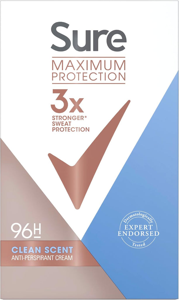 Sure Women Maximum Protection Clean Scent Anti-Perspirant Cream Deodorant Stick with 3x stronger* sweat protection for 96 hour sweat and odour protection 45 ml
