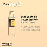 COSRX Advanced Snail 96 Mucin Power Essence 100ml, Skin Repair & Hydrating Serum, Snail Secretion Filtrate 96% & Hyaluronic acid, Korean Skincare, Animal testing free