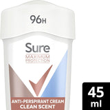 Sure Women Maximum Protection Clean Scent Anti-Perspirant Cream Deodorant Stick with 3x stronger* sweat protection for 96 hour sweat and odour protection 45 ml