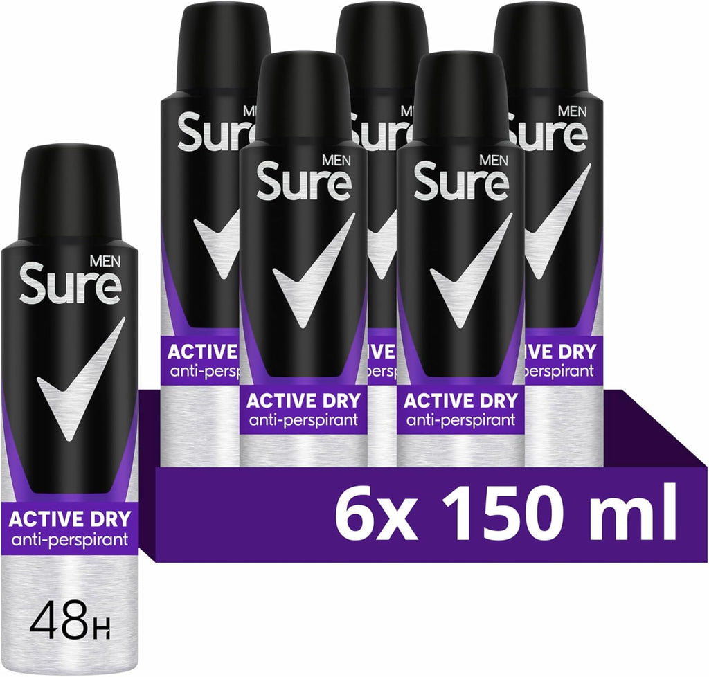 Sure Men Active Dry Anti-Perspirant Aerosol Men's Deodorant Spray with MotionSense technology for 48 hour protection against sweat and odour 6x 150 ml