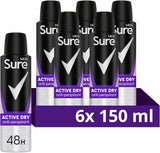 Sure Men Active Dry Anti-Perspirant Aerosol Men's Deodorant Spray with MotionSense technology for 48 hour protection against sweat and odour 6x 150 ml