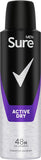 Sure Men Active Dry Anti-Perspirant Aerosol Men's Deodorant Spray with MotionSense technology for 48 hour protection against sweat and odour 6x 150 ml