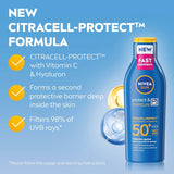 NIVEA SUN Protect & Moisture Sun Lotion SPF 50+ (200 ml), Suncream with Vitamin C and Hyaluron, Provides 48H Moisture and Immediate UVA/UVB Protection, Fast-Absorbing, No White Cast Formula