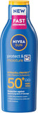NIVEA SUN Protect & Moisture Sun Lotion SPF 50+ (200 ml), Suncream with Vitamin C and Hyaluron, Provides 48H Moisture and Immediate UVA/UVB Protection, Fast-Absorbing, No White Cast Formula