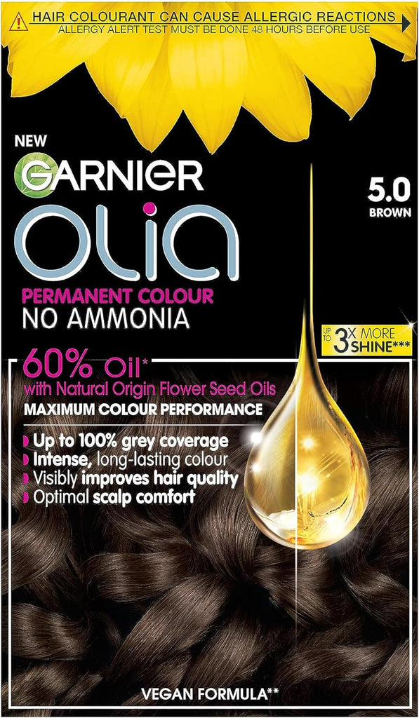Garnier Olia Permanent Hair Dye, No Ammonia, Full Grey Coverage, Long-lasting Colour & Shine, Vegan Formula, Colour: 5.0 Brown, 230g