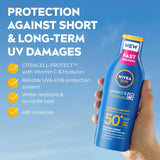 NIVEA SUN Protect & Moisture Sun Lotion SPF 50+ (200 ml), Suncream with Vitamin C and Hyaluron, Provides 48H Moisture and Immediate UVA/UVB Protection, Fast-Absorbing, No White Cast Formula