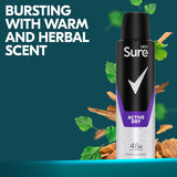 Sure Men Active Dry Anti-Perspirant Aerosol Men's Deodorant Spray with MotionSense technology for 48 hour protection against sweat and odour 6x 150 ml